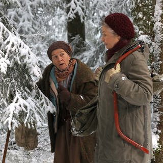 Lioba und Johanna, die eine Säge trägt, gemeinsam im verschneiten Wald