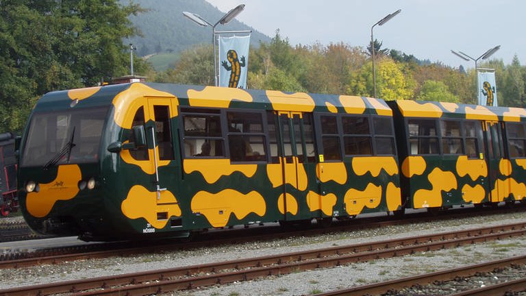 Wir begegnen auch dem modernen "Salamander"-Triebwagen. Davon gibt es bei der Schneebergbahn drei Garnituren.