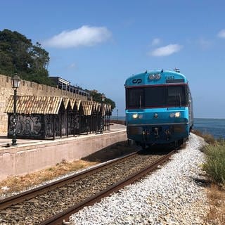 Die Einfahrt in Faro: der Zug fährt dicht an der Lagune entlang. Auf der anderen Seite die Stadtmauer der Altstadt.