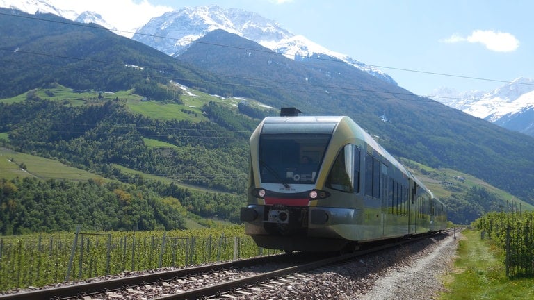 Die Vinschgaubahn inmitten der vielen Apfelplantagen kurz vor Schlanders.