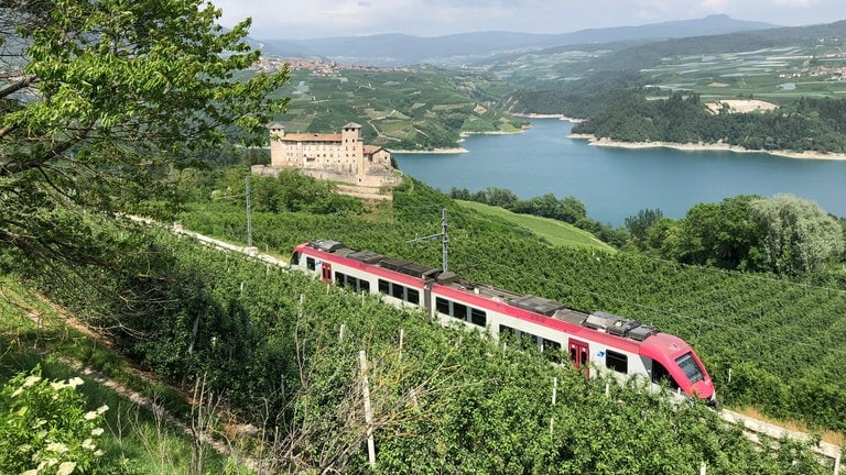 Ein Zug der älteren Bauart am Wahrzeichen der Region: das Castello di Cles.