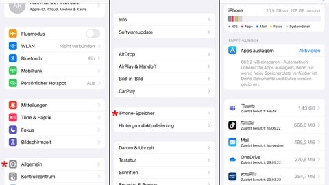 Bildschirmfotos vom iPhone zeigen die Speicherinformationen des Geräts