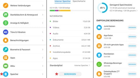 Bildschirmfotos zeigen die Speichereinstellungen bei einem Android-Smartphone.