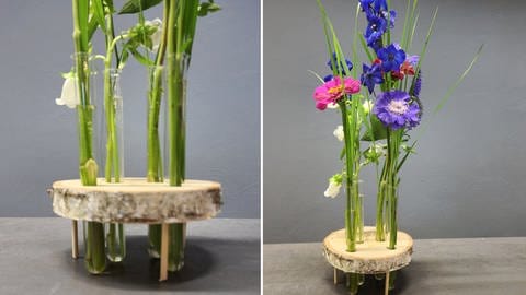 Tischdeko mit Baumscheibe und Blumen