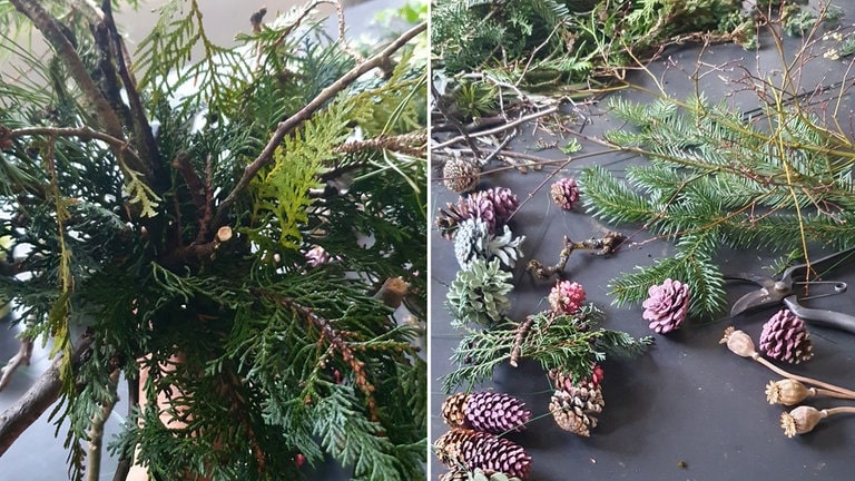 Wintergrün  in das Gerüst einarbeiten. Zum Schluss die angedrahteten Zapfen sowie verschiedene Blumen einfädeln 