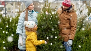 Familie kauft einen Weihnachtsbaum