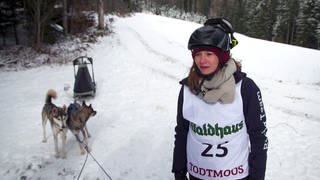 Musherin Jessica Paulsen mit ihrem Schlittenhunden beim Huskytreffen in Todtmoos