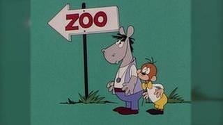 Zeichentrickfiguren Äffle und Pferdle vor einem Schild "Zoo"
