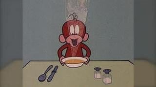 gemalt: Äffle sitzt vor einer dampfenden Suppe