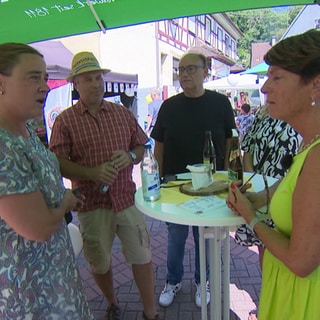 Landesschau-Reporterin Sonja Faber-Schrecklein steht beim Dörflefest in Widdern. Dort spricht sie mit mehreren Bürgern.