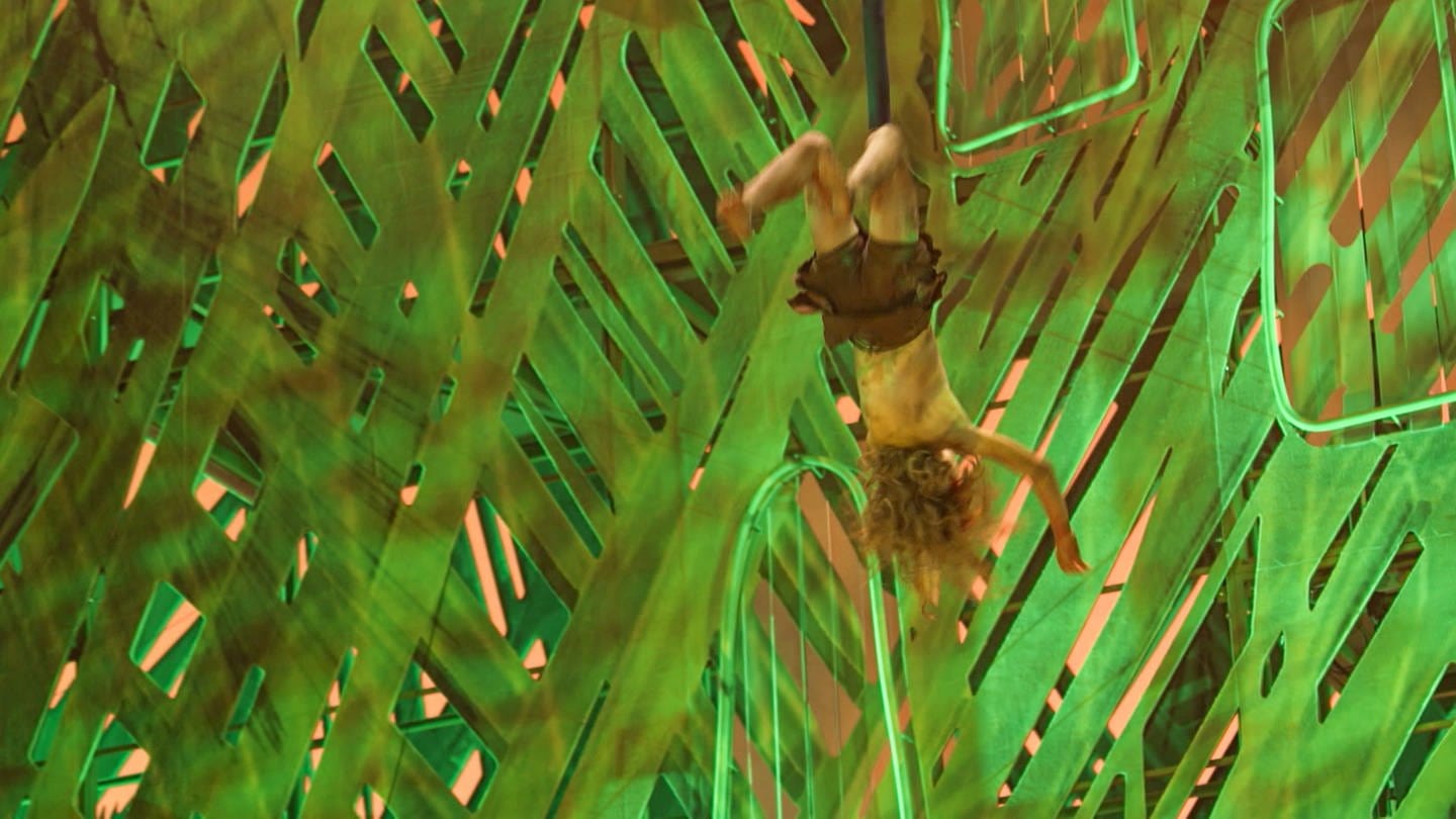 Junger Tarzandarsteller übt Akrobatik.
