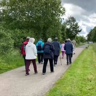 Eine Gruppe Menschen spaziert auf einem Feldweg