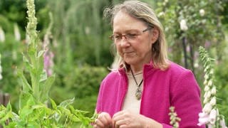 Astrid Weber lächelt versonnen in ihrem Heilkräuter-Garten