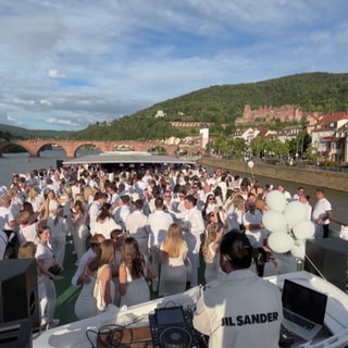 Menschen auf einem Partyboot bei Heidelberg