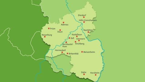 Grafik mit Kartendarstellung von Rheinlandpfalz. Darauf gekennzeichnet: 17 Mittelzentren, die nicht an das Bahnnetz angeschlossen sind.