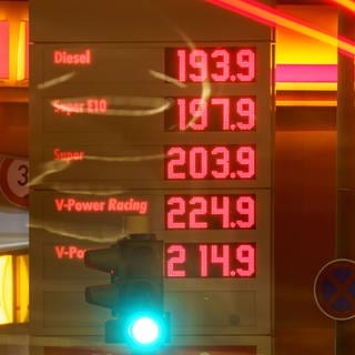 Rund um die Marke von zwei Euro pro Liter bewegen sich die Preise für verschiedene Benzin- und Dieselsorten an einer Tankstelle am frühen Morgen.