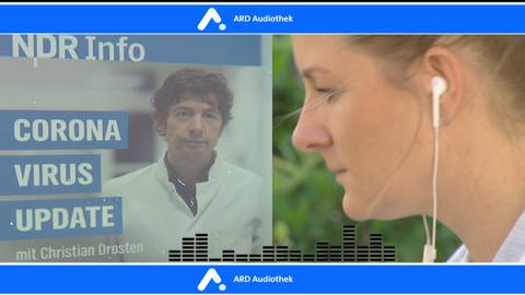 Bildschirm mit Christian Drosten, Virologe, links im Bild und Podcast-Hörerin rechts im Bild