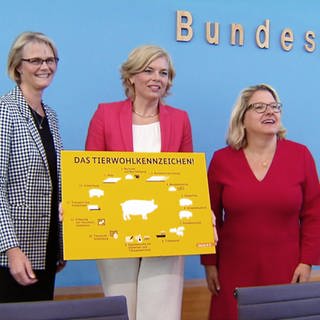 Ministerinnen präsentieren eine Grafik mit den Mermalen des neuen Tierwohl-Labels: Von links nach rechts: Ministerinnen Anja Karliczek, Julia Klöckner und Svenja Schulze