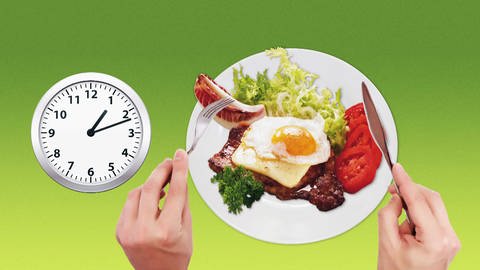 Grafik mit Uhr und Teller mit einer Mahlzeit