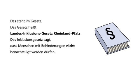 Das steht im Gesetz. Das Gesetz heißt Landes-Inklusions-Gesetz Rheinland-Pfalz. Das Inklusionsgesetz sagt, dass Menschen mit Behinderungen nicht benachteiligt werden dürfen.