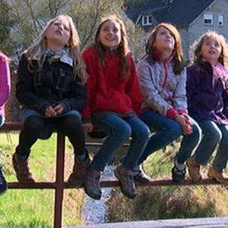 Kinder sitzend auf einem Geländer