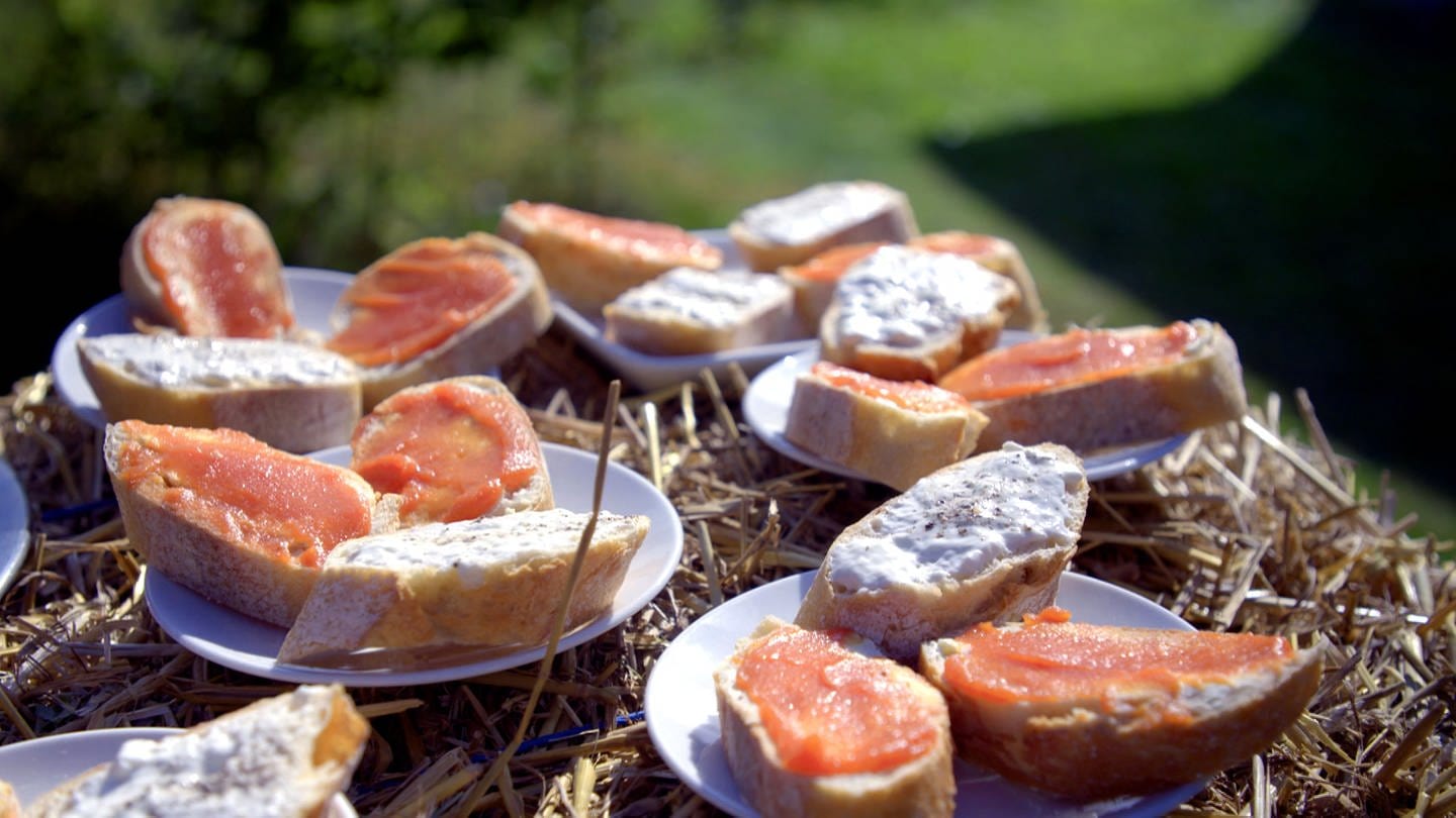 Ebereschen-Apfel-Fruchtaufstrich an Ziegenkäse auf Baguette-Scheiben
