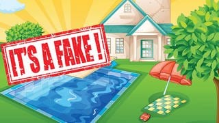Zeichnung eines Hauses mit Pool und dem Stempel "It!s a Fake"