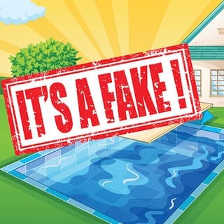 Zeichnung eines Hauses mit Pool und dem Stempel "It!s a Fake"