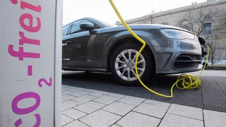 Ein Elektroauto wird mit einem Kabel an einer E-Ladesäule mit der Aufschrift "Co2-frei" aufgeladen. 
