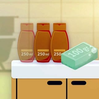 Nachhaltigkeit: Ein 100-Gramm-Waschstück, festes Shampoo oder Duschgel kann drei Flaschen flüssige Seife oder Waschgel ersetzen mit jeweils 250 Milliliter Inhalt.  