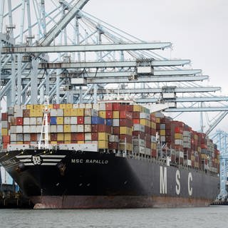 ein Containerschiff steht am Hafen von Los Angeles