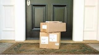 Vor einer Haustüre stehen ein Paket, das vom Paketdienst geliefert wurde. 