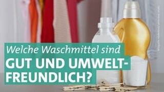 Waschmittel-Flaschen, Pulverwaschmittel und Wäscheklammern auf einem Tisch. Welche Waschmittel sind umweltfreundlich und gut? Gibt es nachhaltiges Waschmittel? Effizient waschen