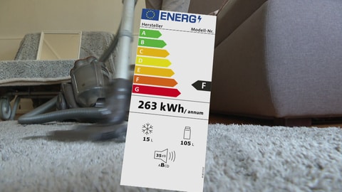 Zu sehen ist ein Energieeffizienzlabel mit den unterschiedlichen Kategorien von grün A bis rot G. Darunter zu lesen 263 kWhannum. 