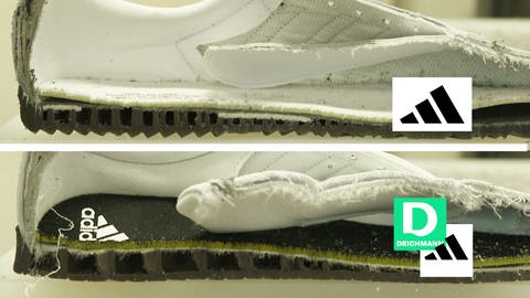 Zwei Querschnitte von Schuhsohlen Adidas Samba und Deichmann Alternative. Adidas - wie gut sind DFB-Trikot, EM-Ball und Sambas? | Marktcheck SWR 