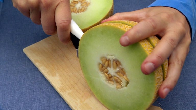Hand mit Messer schneidet innen grüne, außen blassgelbe Galiamelone auf. Alles Wissenswerte zu Honigmelonen, Zuckermelonen, Wassermelonen, Galia-, Netzmelone und Cantalup