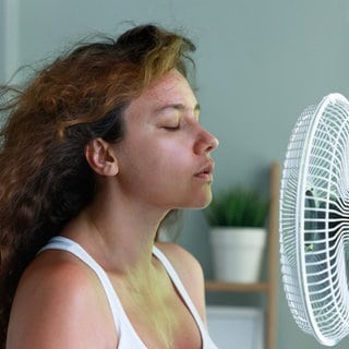 Eine Frau sitzt vor einem Ventilator und genießt den Luftzug. Wieder Hitzewarnung: Doch eine Klimaanlage für eine kühle Wohnung kann teuer werden und dem Klima schaden. Was ist sinnvoll und wie geht Kühlen auch ohne Klimaanlage?