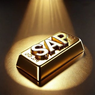 Softwarekonzern an der Börse: Wird SAP zu wertvoll für den Dax?  SAP-Logo auf einem Goldbarren im Scheinwerferlicht.