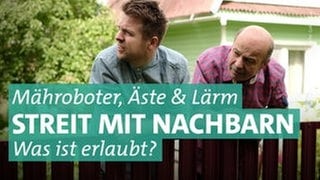 Zwei Männer mittleren Alters lehnen sich stirnrunzelnd über einen Gartenzaun und schauen auf das Nachbargrundstück.