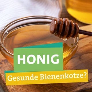 Welcher Honig ist der nachhaltigste? In der rechten Bildhälfte hält Ökochecker Tobias Koch ein Honig-Glas in seiner rechten Hand. Links davon steht "Honig" "Gesunde Bienenkotze?" unterlegt mit farbigen Bändern. Im Hintergrund sieht man einen Honiglöffel an eine Schale voll Honig gelehnt.