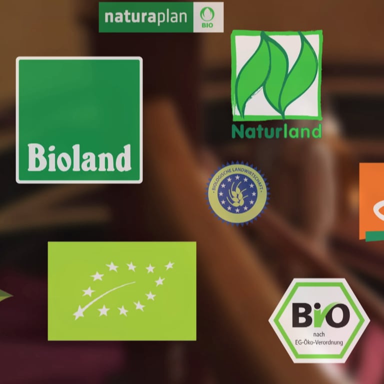 Auf einem unscharfen Hintergrund sind viele Bio-Siegel zu sehen. Unterandem die deutschen Öko-Siegel von Naturland, Bioland und Demeter, sowie das EU-Bio-Siegel, das deutsche Bio-Siegel und das Logo von Biokreis.