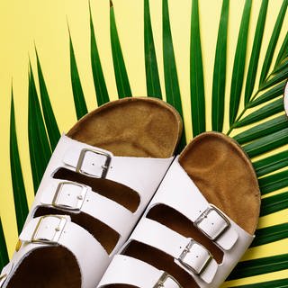 Weiße Sandalen mit Korkfußbett im Birkenstock-Look, daneben liegen Kokosnüsse. Marktcheck checkt Schuhe von Birkenstock auf Qualität, Preis und Image: Ist der Hype gerechtfertigt? Wie bequem und gesund sind die Latschen wirklich? Lohnen sich Birkenstocks?